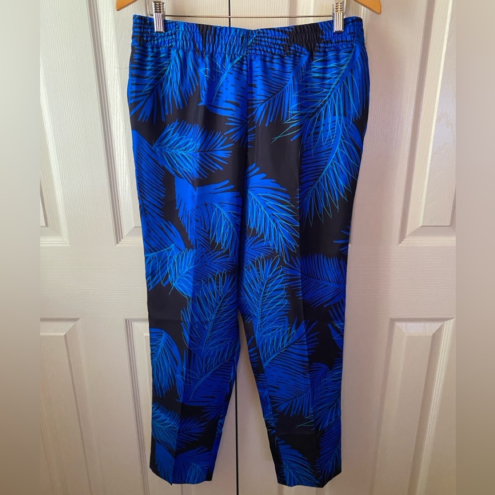 CARLISLE Lagoon Palm Cobalt/Black 100% Silk‎ High-Rise Pull-on Straight Pants 10